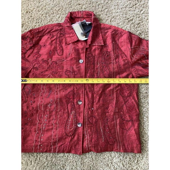VNTG Chico's Design Medium/1 Red Pure Silk Jacket Abstract Beaded Embroidery NWT - Picture 11 of 11